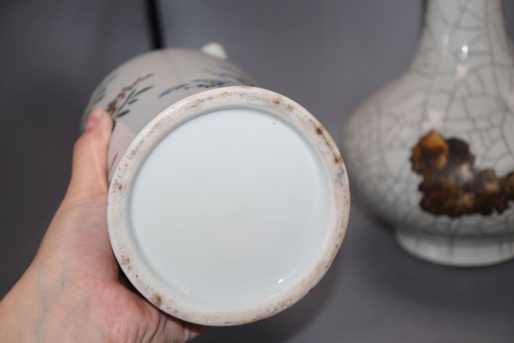 A pair of Chinese ovoid vases with bird, foliate and wheatsheaf decoration and a Chinese Garlic-Head crackle-glazed vase,